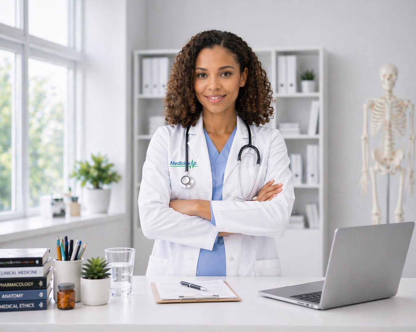 A doctor standing with arms crossed in a medical office.