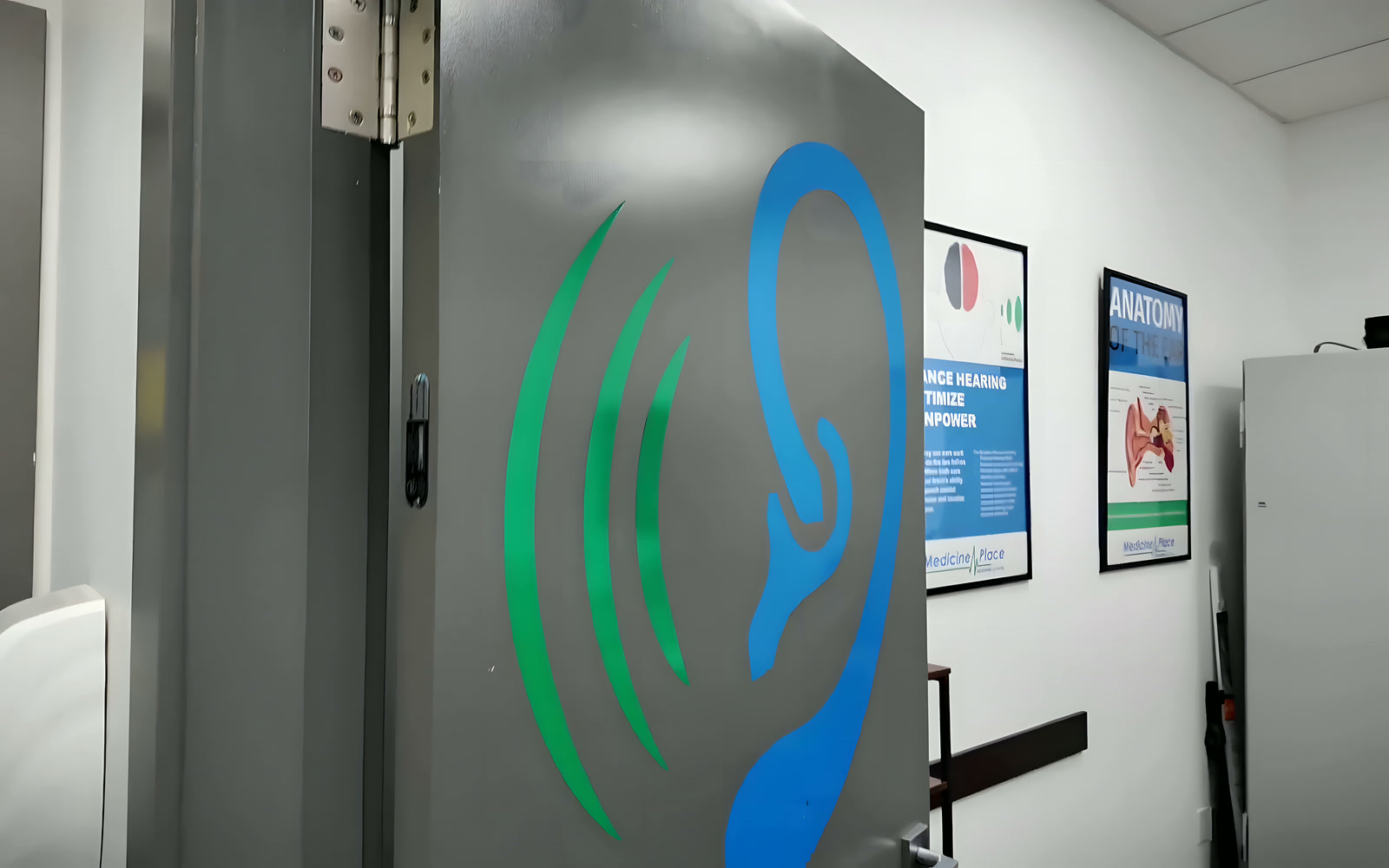 The hearing clinic door, marked with an ear graphic.