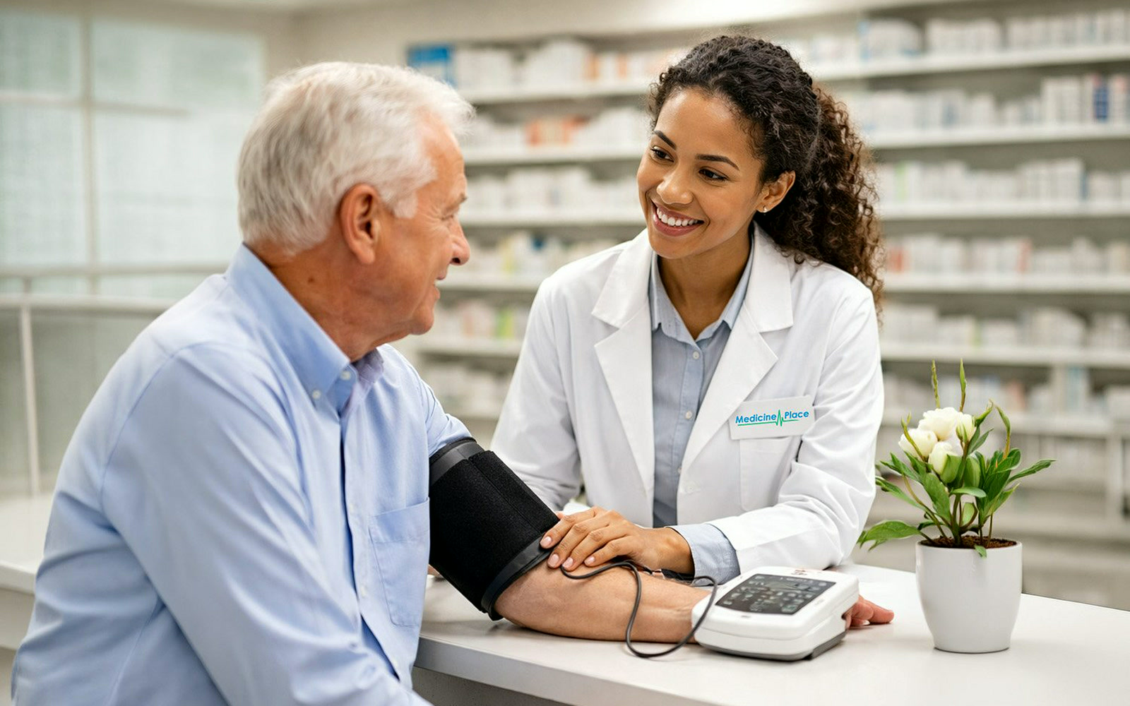 A clinician checks a patient’s blood pressure.