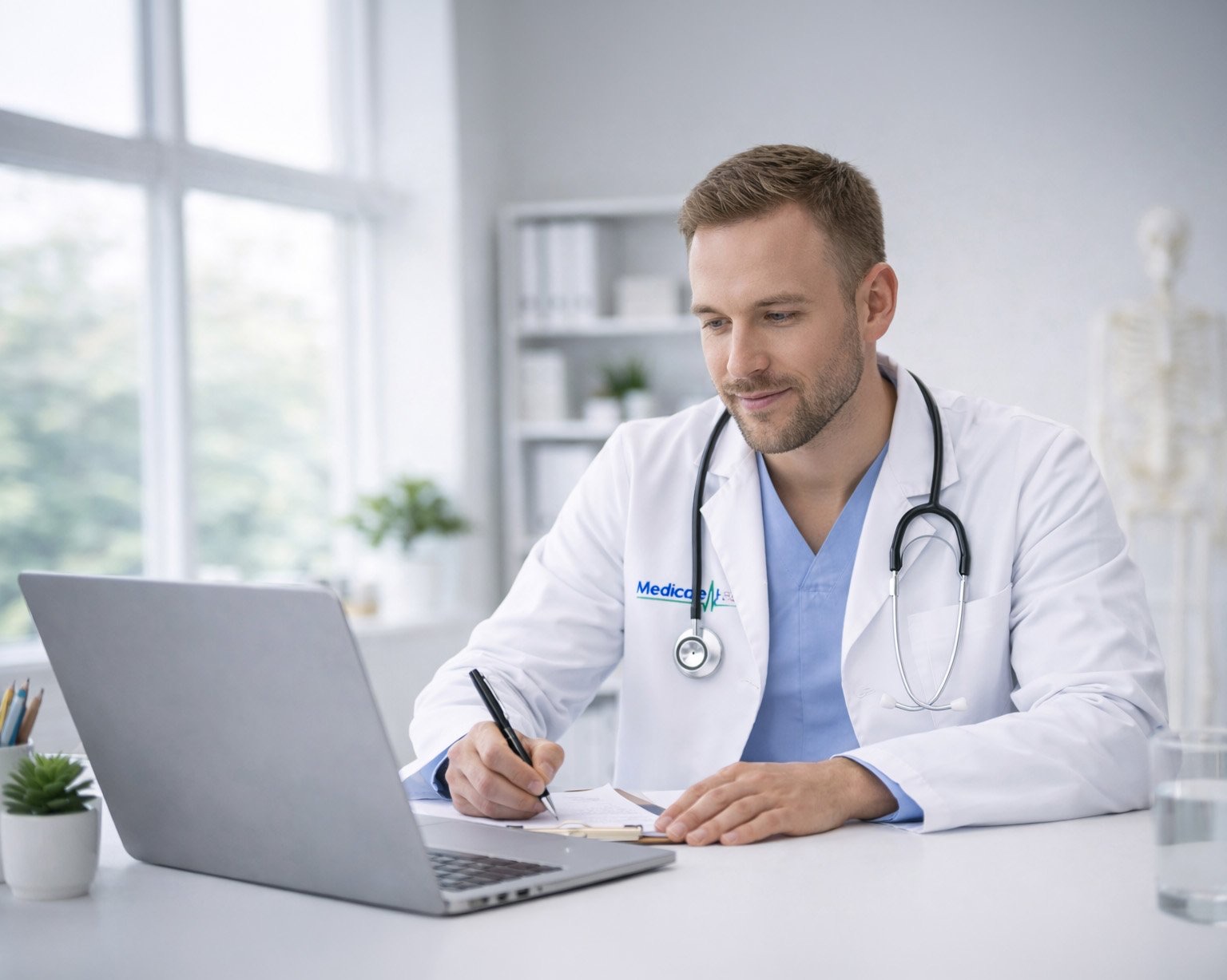 A doctor at a desk with a laptop, writing notes.