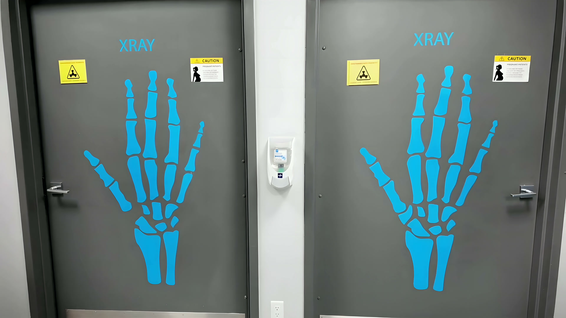 Two X-ray room doors decorated with blue hand X-ray graphics.
